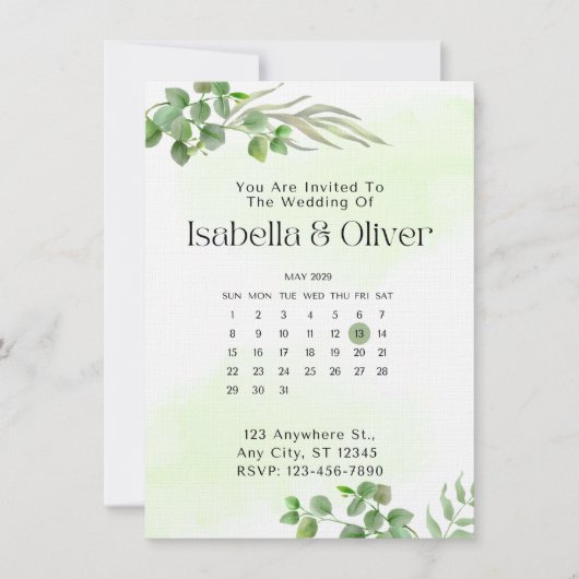 Green & White Botanical Wedding invitation Kaart (Voorkant)