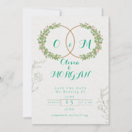Green & White Botanical Wedding Invite Kaart