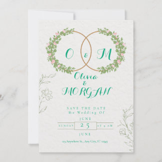 Green & White Botanical Wedding Invite Kaart