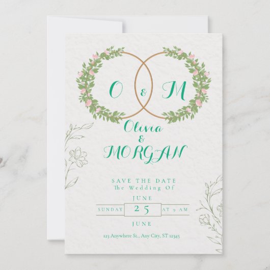 Green & White Botanical Wedding Invite Kaart (Voorkant)