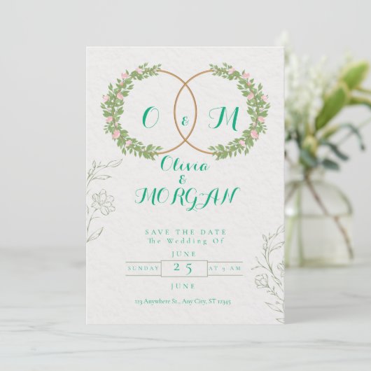 Green & White Botanical Wedding Invite Kaart (Staand voorkant)