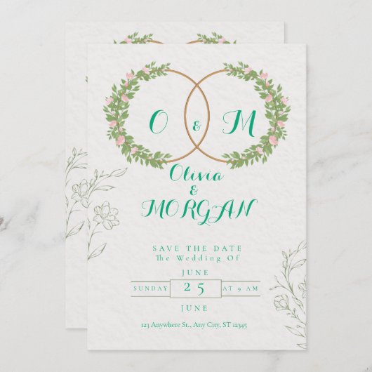 Green & White Botanical Wedding Invite Kaart (Voorkant / Achterkant)