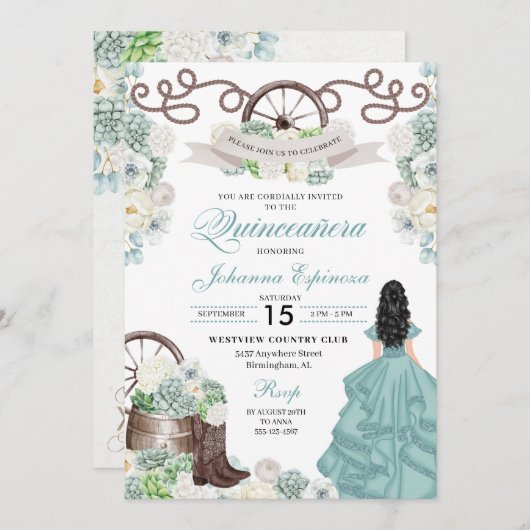 Green White Cacti Western Boots Charra Quinceañera Kaart (Voorkant / Achterkant)