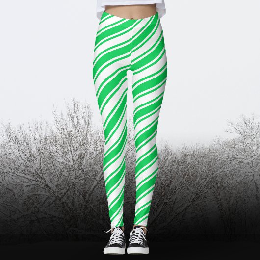 Green White Candy Cane Diagonal Stripe Kerstmis Leggings