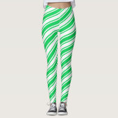 Green White Candy Cane Diagonal Stripe Kerstmis Leggings (Voorkant)
