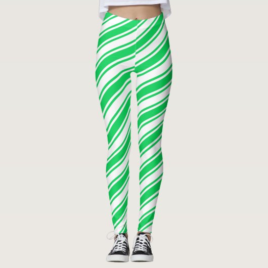 Green White Candy Cane Diagonal Stripe Kerstmis Leggings (Voorkant)