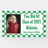 Green White Checkerboard Photo Afstuderen Spandoek (Horizontaal)