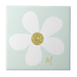 Green White Daisy Simple Floral Gold Personal Tegeltje