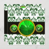 GREEN WHITE DAMASK, SHAMROCK MONOGRAM St Patrick Kaart (Voorkant / Achterkant)