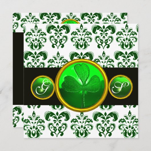 GREEN WHITE DAMASK, SHAMROCK MONOGRAM St Patrick Kaart (Voorkant / Achterkant)