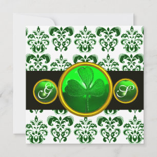 GREEN WHITE DAMASK, SHAMROCK MONOGRAM St Patrick Kaart