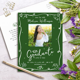 Green White Doodles Graduation Save the Date Photo Uitnodiging Briefkaart