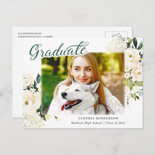 Green White Floral Afstuderen Aankondiging Briefkaart (Voorkant / Achterkant)