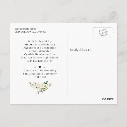 Green White Floral Afstuderen Aankondiging Briefkaart (Achterkant)