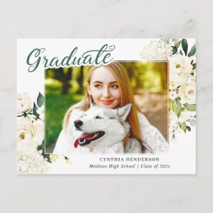 Green White Floral Afstuderen Aankondiging Briefkaart