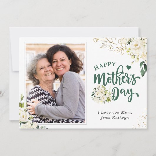 Green White Floral Happy Moederdag Photo Kaart (Voorkant)