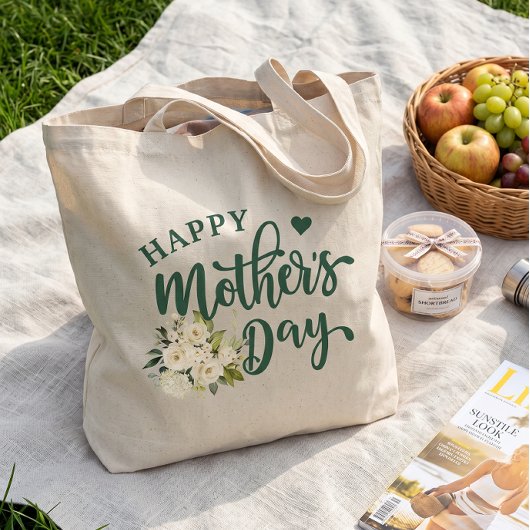Green White Floral Happy Moederdag Tote Bag