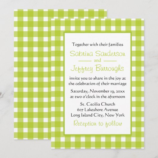 Green White Gingham Plaid controleert Country Wedd Kaart (Voorkant / Achterkant)