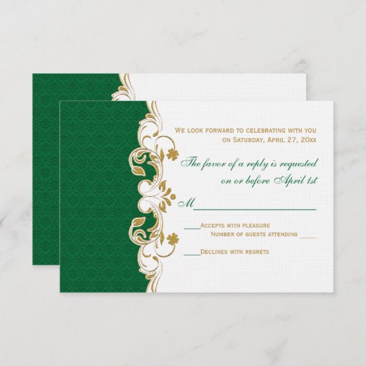Green White Gold Scroll, Shamrocks RSVP-kaart Kaart (Voorkant / Achterkant)