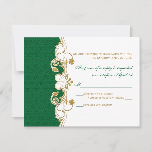 Green White Gold Scroll, Shamrocks RSVP-kaart RSVP Kaartje (Voorkant)