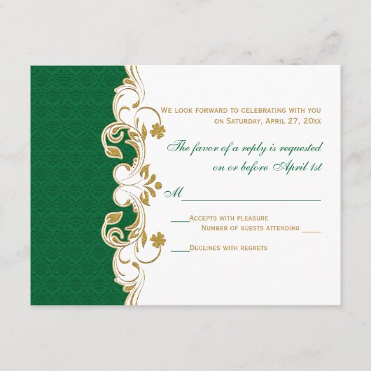 Green White Gold Scroll, Shamrocks RSVP-kaart RSVP Kaartje (Voorkant)