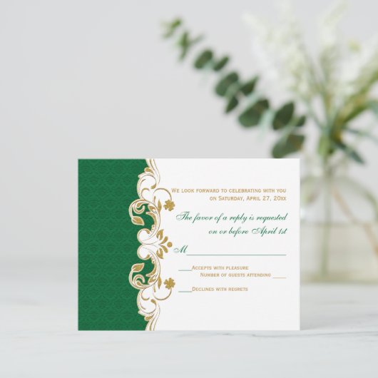 Green White Gold Scroll, Shamrocks RSVP-kaart RSVP Kaartje (Staand voorkant)