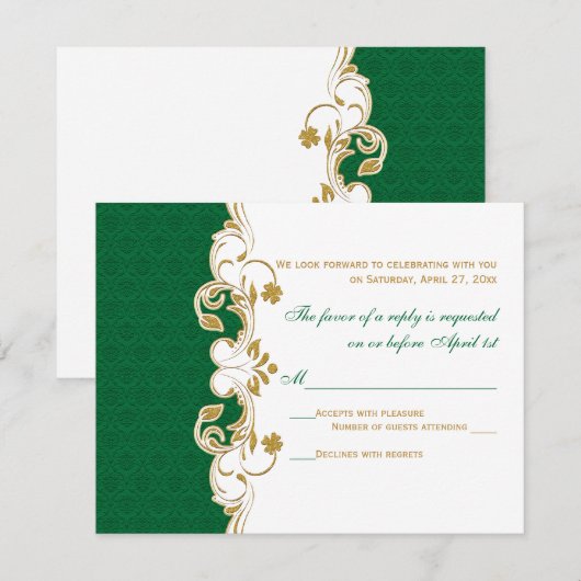 Green White Gold Scroll, Shamrocks RSVP-kaart RSVP Kaartje (Voorkant / Achterkant)