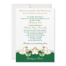 Green White Gold Scroll, Shamrocks Wedding Invite