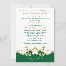 Green White Gold Scroll, Shamrocks Wedding Invite Kaart