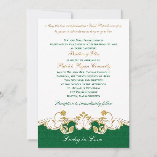 Green White Gold Scroll, Shamrocks Wedding Invite Kaart (Voorkant)