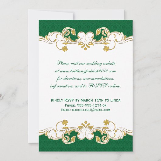 Green White Gold Scroll, Shamrocks Wedding Invite Kaart (Achterkant)