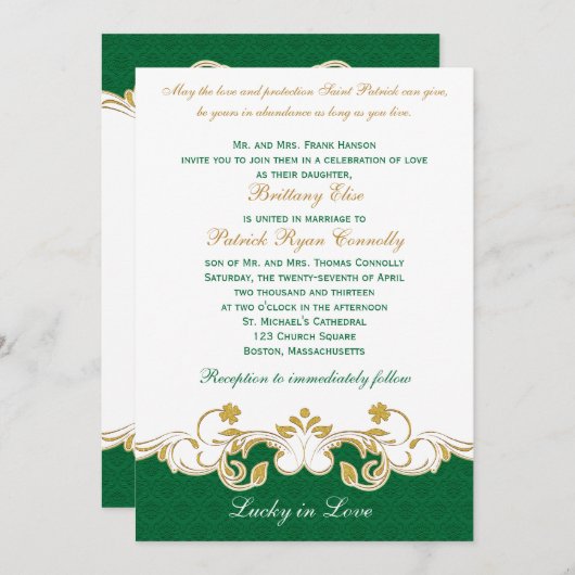 Green White Gold Scroll, Shamrocks Wedding Invite Kaart (Voorkant / Achterkant)