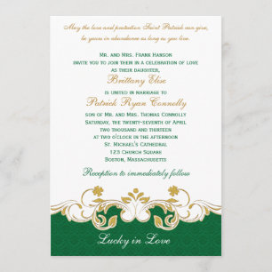 Green White Gold Scroll, Shamrocks Wedding Invite Kaart