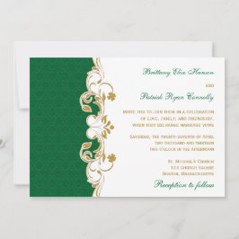 Green White Gold Scroll, Shamrocks Wedding Invite Kaart
