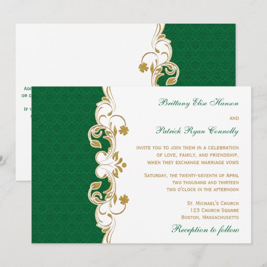 Green White Gold Scroll, Shamrocks Wedding Invite Kaart (Voorkant / Achterkant)