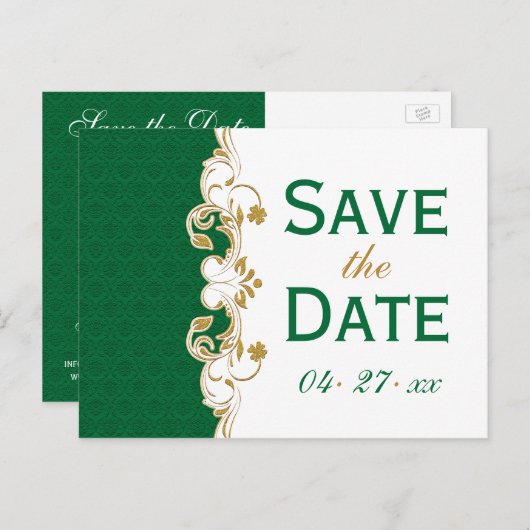 Green White Gold Scrolls Save the Date Briefkaart (Voorkant / Achterkant)