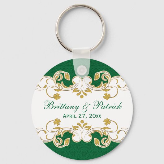 Green White Gold Scrolls Wedding Favor Sleutelhang Sleutelhanger (Voorkant)