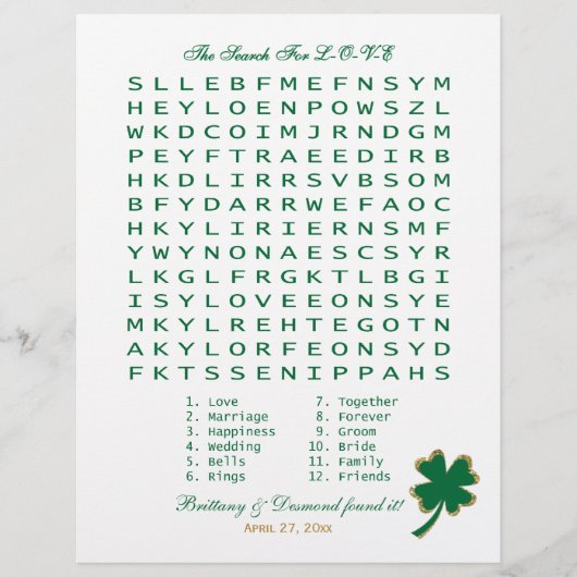 Green White Gold "Search for Love" Wordzoekgame (Voorkant)