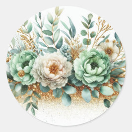 Green White Gold Watercolor Foliage Floral Ronde Sticker