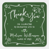 Green White Hand Drawn Doodle Graduation Thank You Vierkante Sticker (Voorkant)
