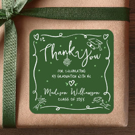 Green White Hand Drawn Doodle Graduation Thank You Vierkante Sticker