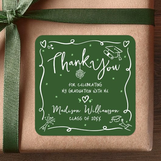 Green White Hand Drawn Doodle Graduation Thank You Vierkante Sticker
