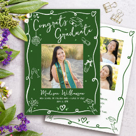 Green White Hand Drawn Doodles Graduation 4 Photo Aankondiging