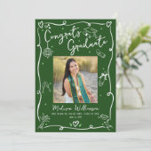Green White Hand Drawn Doodles Graduation 4 Photo Aankondiging (Staand voorkant)