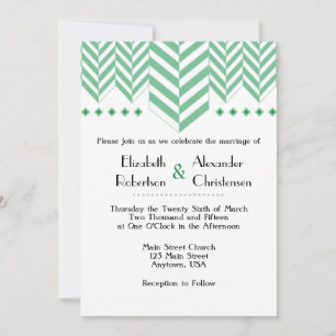 Green White Herringbone Wedding Invitation Kaart