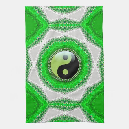 Green White Hexagon Swirl YinYang Kitchen Cloth Theedoek (Verticaal)