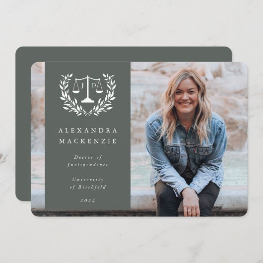 Green + White JD Law Scales Laurel WreatPhoto Aankondiging (Voorkant / Achterkant)