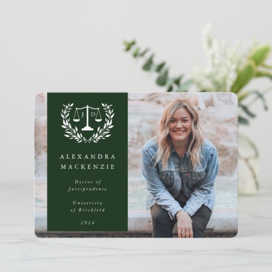 Green + White JD Law Scales Laurel WreatPhoto Aankondiging (Staand voorkant)