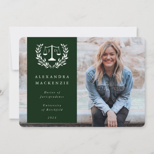 Green + White JD Law Scales Laurel WreatPhoto Aankondiging (Voorkant)