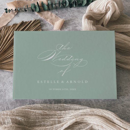 Green White Modern Calligraphy Wedding Gastenboek